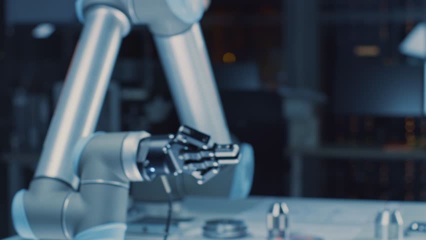 Futuristic Robot Arm Touches Human Hand in Humanity and Artificial Intelligence Unifying Gesture. Conscious Technology Meets Humanity. Concept Inspired by Michelangelo's Creation of Adam Royalty-Free Stock Footage #1026344120