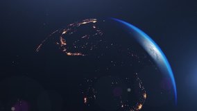 Beautiful sunrise world skyline. Planet earth from space. Planet earth rotating animation. Clip contains space, planet, galaxy, stars, cosmos, sea, earth, sunset, globe. 4k. Images from NASA