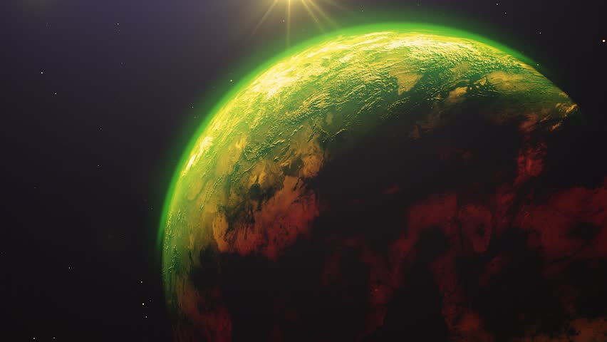 Beautiful colored sunrise world skyline. Planet earth from space. Planet earth rotating animation. Clip contains space, planet, galaxy, stars, cosmos, sea, earth, sunset, globe. 4k