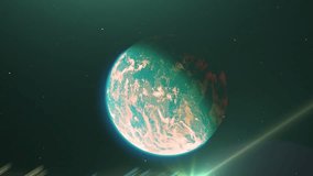 Beautiful sunrise world skyline. Green planet earth from space. Planet earth rotating animation. Clip contains space, planet, galaxy, stars, cosmos, sea, earth, sunset, globe. 4k