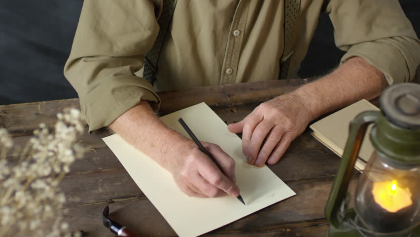 Handheld high angle shot of unrecognizable elderly man writing handwritten letter. Smoking pipe lying beside him and lit oil lamp standing on wooden table