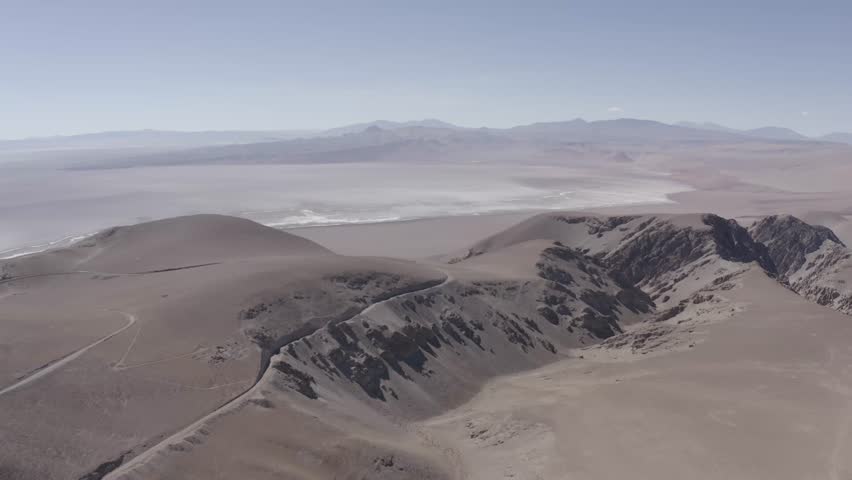 Aerial, Vista del Llullaillaco, Salar de Arizaro, Argentina - flat version. This clip is available in three different gradings - native 10Bit HLG (H265) or flat, cine grading and neutral grading.