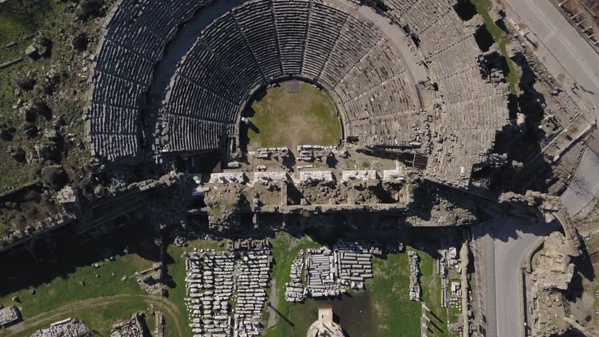 Aerial footage of the Antique Theater. Side, Turkey