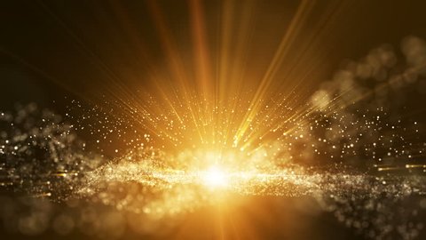 Dark brown background, digital signature with particles, sparkling waves, curtains and areas with deep depths. The particles are golden light lines.
