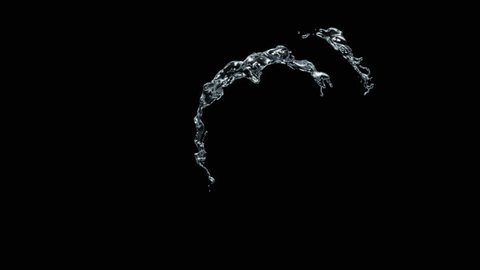 Water circle looping with reflections on black background, Water Splash Spinning flow, Liquid Wave shape from crystal nature water and bubble drop. Alpha matte, slow motion, rapid, seamless loop, cg.
