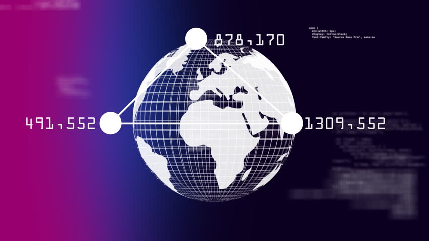 Digital animation of spinning globe against triangle moving and data codes on purple and pink background - Powered by Shutterstock - Get 15% off with code: PIKWIZARD15