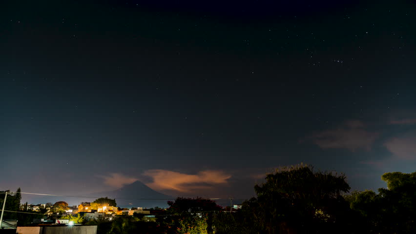 Faded background volcanic mountain under starry sky timelapse. Traffic & city lighting below.