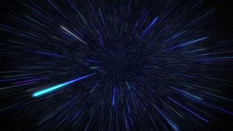 Starfields in space with hyper speed jump into another galaxy background.