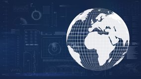Digital composite of a spinning digital globe against a blue technology dashboard - Powered by Shutterstock - Get 15% off with code: PIKWIZARD15