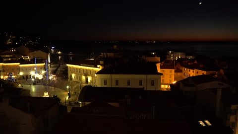 Piran City At Night For Christmas In Slovenia