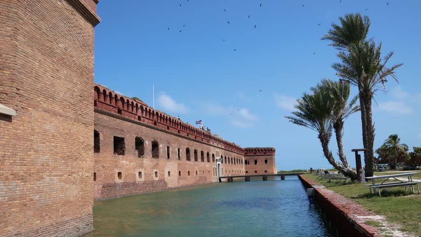 Landscape view of the moat outside of Fort Jefferson during the day in Dry Tortugas National Park (Florida).