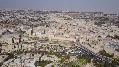 Long shot of Christian and Muslim Quarters, Mamilla shopping mall, Jaffa Gate and the Tower of David in the Old City of Jerusalem.