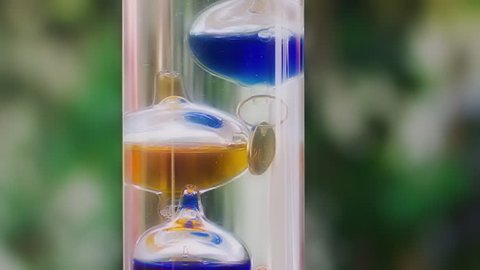 Galileo thermometer displays temperature changes based on the physics of density