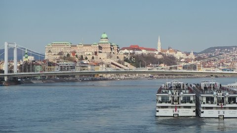 Budapest, Hungary. March 21, 2019. Panorama over Danube river, Elisabeth bridge and hill with castle