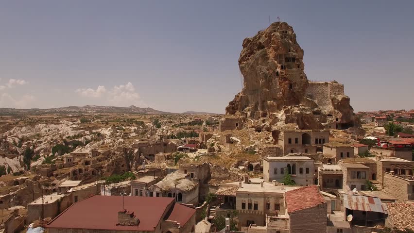 Aerial of Rock-cut Castle at Ortahisar Village. Cappadocia. 