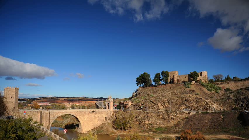 Time Lapse of New Castle and Alcantara Bridge in Toledo Medieval Spain Landmark