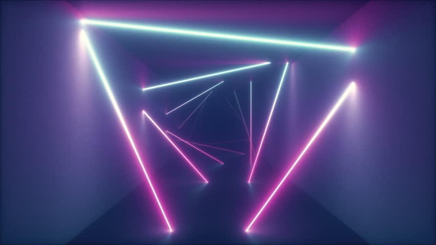 Abstract flying in futuristic corridor with triangles, seamless loop 4k background, fluorescent ultraviolet light, colorful laser neon lines, geometric endless tunnel, blue pink spectrum, 3d render | Shutterstock HD Video #1026447110