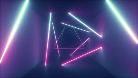 Abstract flying in futuristic corridor with triangles, seamless loop 4k background, fluorescent ultraviolet light, colorful laser neon lines, geometric endless tunnel, blue pink spectrum, 3d render