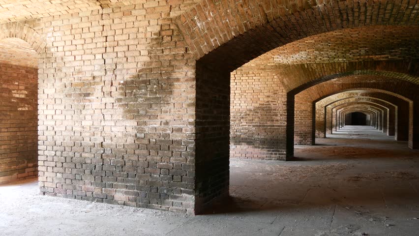 Panning view of the arches inside of Fort Jefferson in Dry Tortugas National Park (Florida).