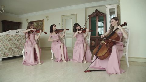 Beautiful female orchestra in dresses charismatically playing on stringed instruments in a light room. 4K