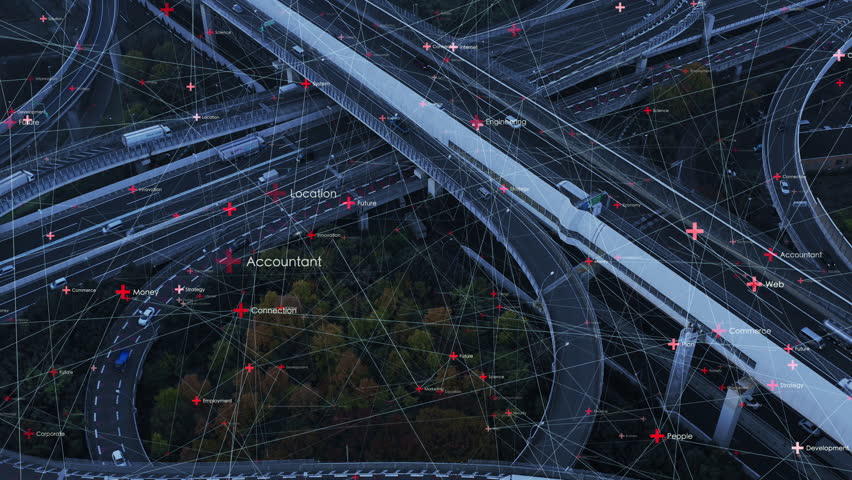 Transportation and communication network concept. ITS (Intelligent Transport Systems). Royalty-Free Stock Footage #1026465272
