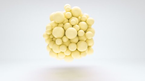 Abstract realistic 3d shapes pastel yellow balls flying. 4K render animation footage. looping.