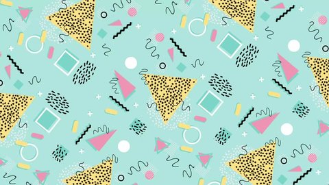 
4K multicolor geometric shapes pattern in retro, memphis 80s - 90s style. Animated vintage abstract background.