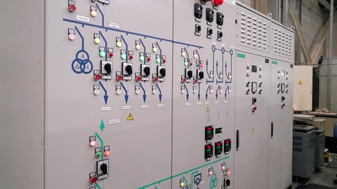 Cheboksary, Chuvash Republic, March 5, 2019. Control cabinet protection and automatic shutdown. Indicators and switches on the front of the electrical cabinet.