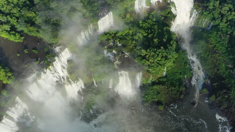 Aerial view of Iguazu Falls, monumental waterfalls on Iguazu River - landscape panorama of Brazil/Argentina border, South America
