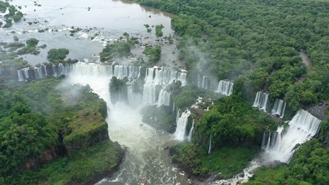 Aerial view of Iguazu Falls, monumental waterfall system on Iguazu River, Salto San Martin and other waterfalls - landscape panorama of Brazil/Argentina border, South America