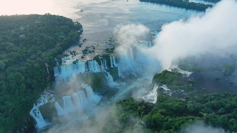 Aerial view of Iguazu Falls, monumental waterfalls on Iguazu River, Devil's Throat (Garganta del Diablo) waterfall - landscape panorama of Brazil/Argentina border, South America
