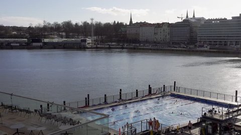 High view of Allas Sea Pool outdoor swimming pool in Helsinki in winter time