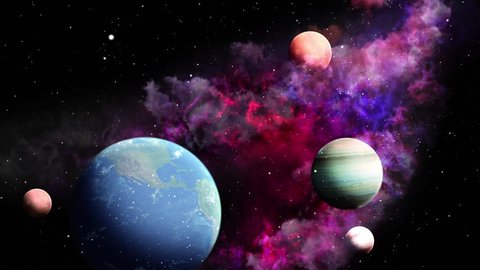 Space travelling loop video. 3d rendering. Planets over a glowing 
pink nebula. Eternal Galaxy.
