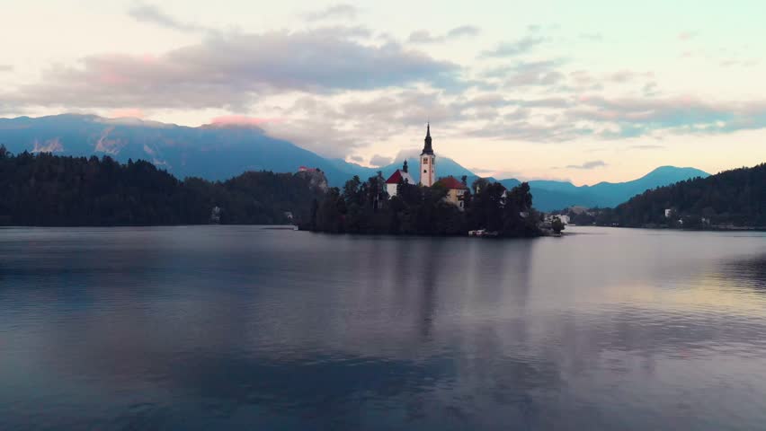 Lake bled in Slovenia at sunset.