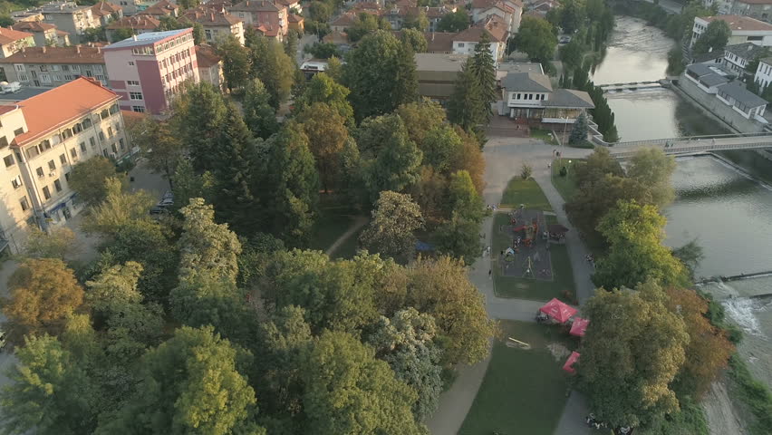 City park with river Aerial in Troyan -Bulgaria
