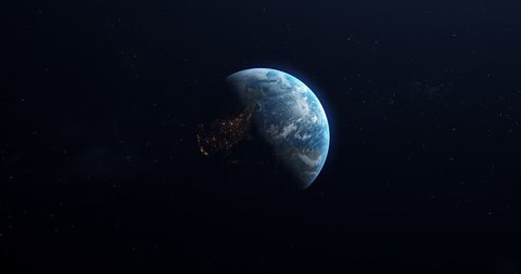 A slow rotation of the Earth, as ites from day to night. Earth rotating on its axis in black space and stars. High detailed, Realistic, Animation.
