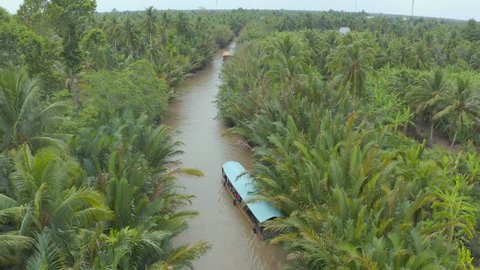 Aerial view of mangroves forest in Mekong Delta. Boat passing on the river.