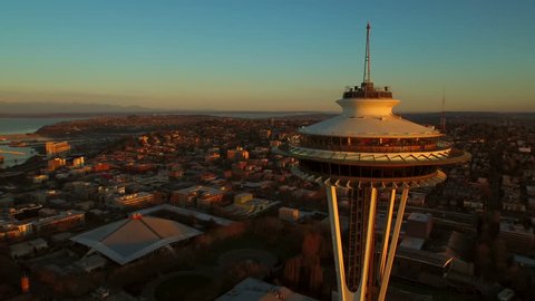 Seattle Aerial v49 Flying low besides and around Space Needle with cityscape views at sunrise. 3/15