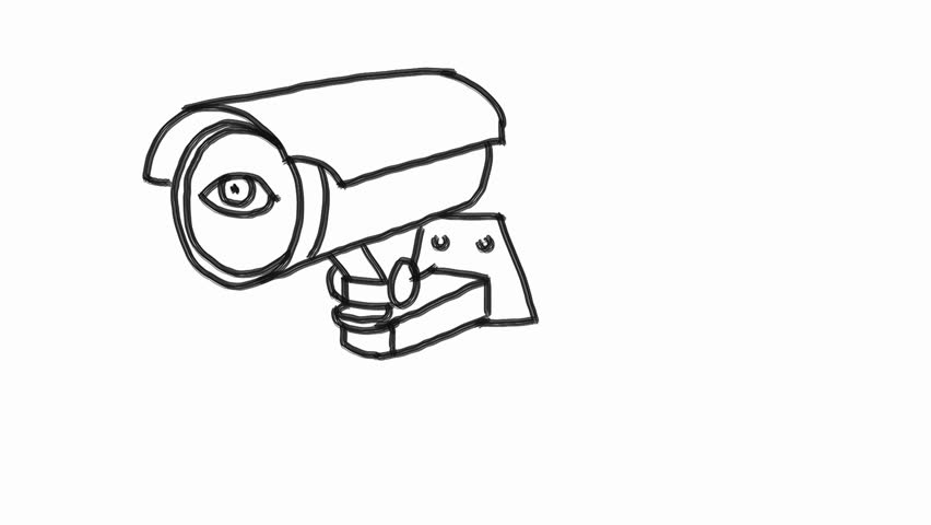 2d Animation motion graphics drawing of a CCTV surveillance security camera with eye watching blinking looking around on white and green screen with alpha matte in HD high definition.