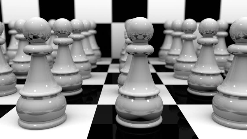 3D animation of uniqueness and individuality concept. White color pawns chess pieces with pink color pawn chess piece on the black and white board.