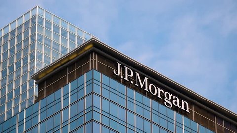 Hong Kong, March 29, 2019: Time lapse of J.P. Morgan in Hong Kong. An American investment bank and financial services company. 4K.