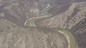 Winding river Timok stream  from above 4K aerial footage