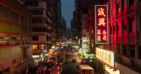 Time lapse of busy street with traffic and pedestrians of Mong Kok at night in Hong Kong. 4K.