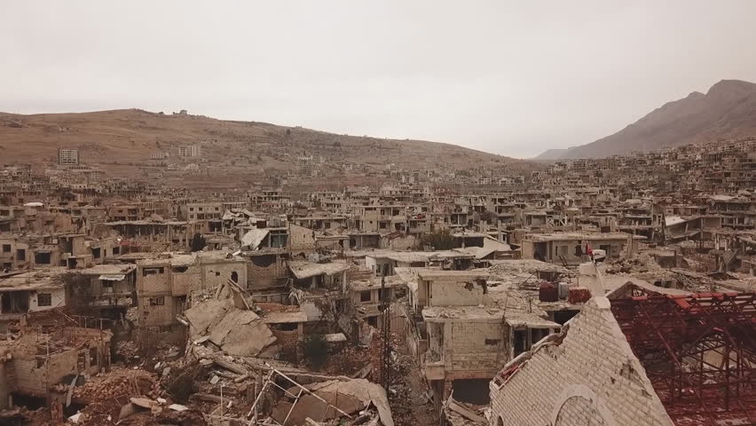 City of Aleppo, Syria, drone flight among the destroyed houses