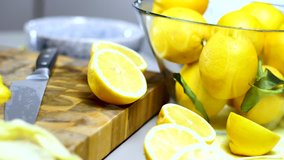 Fresh lemon sliced on Kitchen board
