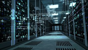 Cryptocurrency mining concept with bitcoin symbol on glass door in server room. Camera rises in the corridor with working computer racks. Blockchain 3D abstract animation. - Powered by Shutterstock - Get 15% off with code: PIKWIZARD15