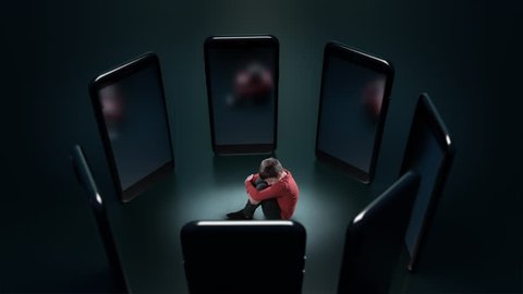 Young Boy Sitting and afraid a Big Formidable Phones. Cyber Bullying Concept. Outlaw, Outcast person. Bad dreams, nightmares, surrealistic world. Creative unique visual theme. Abusive messages.