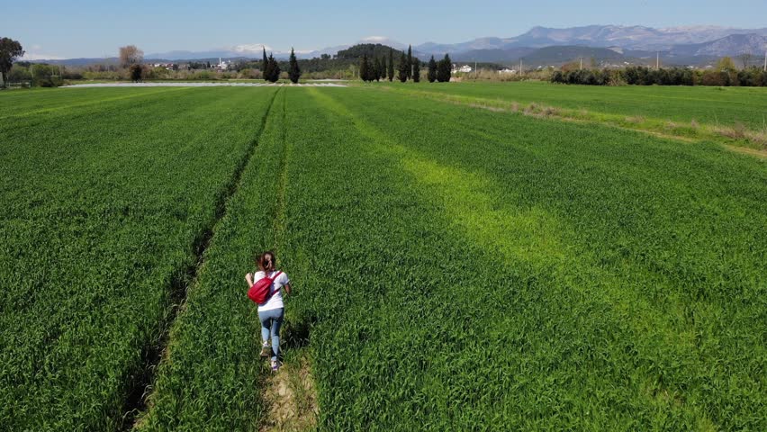 Aerial view of a woman running in the green field