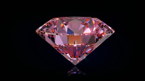 Sparkling bright pink round cut diamond rotating on black glossy background. Seamless loop 3D animation