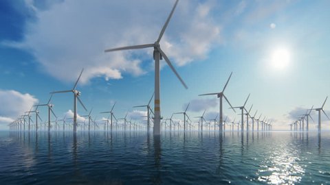Offshore windmills against beautiful clouds, 4K